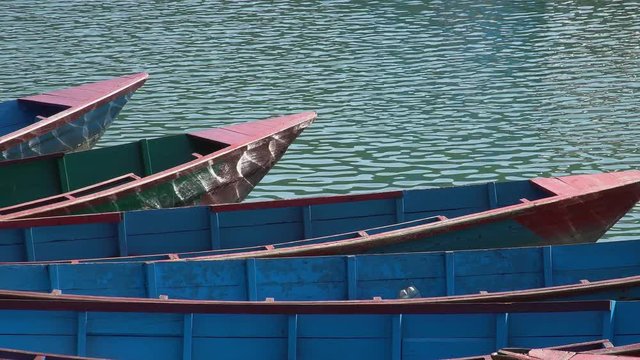 Colorful Wooden Boats at Phewa Lake in Pokhara City, Nepal