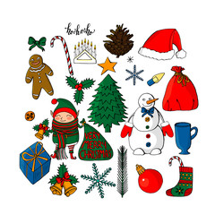 collection of christmas objects and characters isolated on white