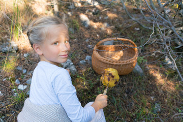 Adorable little girl picking mushrooms in the forest