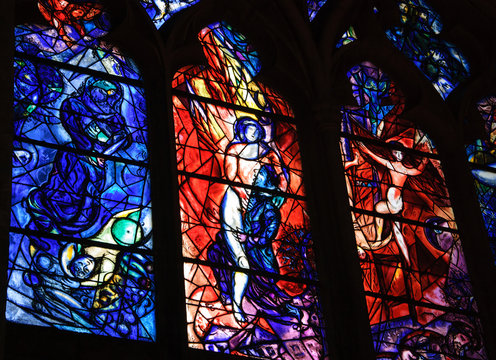 METZ, FRANCE - DECEMBER 19, 2015: Marc Chagall's stained glass window in the cathedral of Metz.