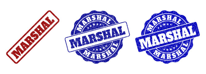 MARSHAL scratched stamp seals in red and blue colors. Vector MARSHAL labels with dirty texture. Graphic elements are rounded rectangles, rosettes, circles and text labels.