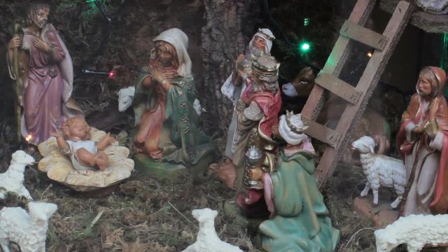 Christmas nativity shop,decorated shop window for Christmas, the birth of Jesus in the hay