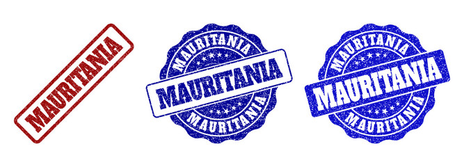 MAURITANIA grunge stamp seals in red and blue colors. Vector MAURITANIA marks with grunge style. Graphic elements are rounded rectangles, rosettes, circles and text labels.