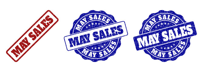 MAY SALES grunge stamp seals in red and blue colors. Vector MAY SALES signs with grunge style. Graphic elements are rounded rectangles, rosettes, circles and text captions.