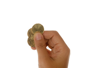 A female hand holding money against a white background