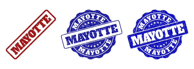 MAYOTTE scratched stamp seals in red and blue colors. Vector MAYOTTE labels with grainy effect. Graphic elements are rounded rectangles, rosettes, circles and text tags.