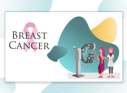 Doctor checking female patient breast with mammogram poster