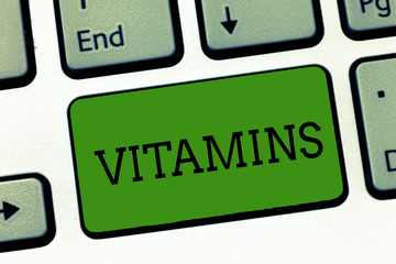 Conceptual hand writing showing Vitamins. Business photo showcasing group of organic compounds...
