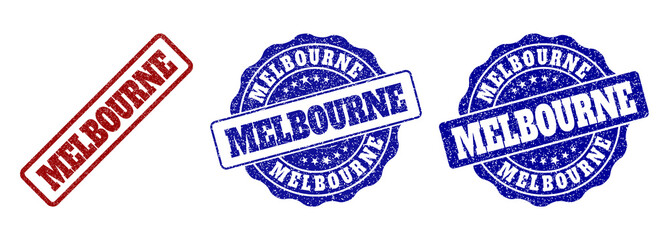 MELBOURNE grunge stamp seals in red and blue colors. Vector MELBOURNE overlays with grunge effect. Graphic elements are rounded rectangles, rosettes, circles and text captions.