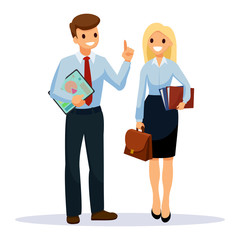 Man in black trousers and white shirt is holding tablet with schedule in his hands. A woman holding the folders and bag in her hands. Business People teamwork, cartoon character.