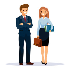Man in black suit and woman hold folders with documents and work bag in her hands. Business People teamwork, Vector illustration cartoon character.