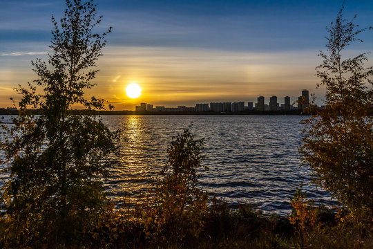 skyline at sunset in strogino moscow