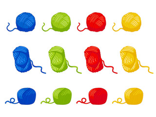 Twelve balls of yarn, three different forms. Four colors red, blue, green, yellow. Wool thread skein icon for handmade shop and other knit design project. Cute Vector Collection.