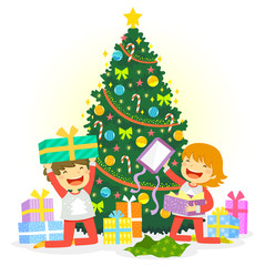 Fototapeta premium Kids opening their Christmas presents under the Christmas tree