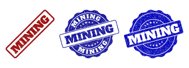 MINING scratched stamp seals in red and blue colors. Vector MINING labels with draft surface. Graphic elements are rounded rectangles, rosettes, circles and text labels.