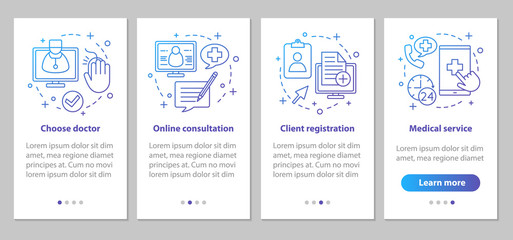 Medical service onboarding mobile app page screen with linear co