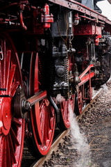 Detail of a steam locomotive with white Steam, white Steam, Detail of Big red Wheels, rod Drive