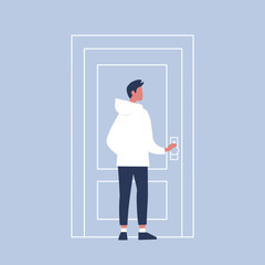 Young character holding a door knob. Entering the building. Flat editable vector illustration, clip art