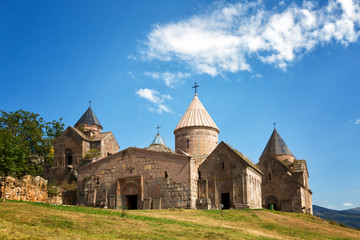 Fototapeta na wymiar Goshavank-Armenian medieval monastery complex XII-XIII centuries in the village of Gosh in sunny day , Armenia.