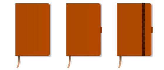 Orange realistic hard cover notebook with red bookmark and ribbon. Vector illustration.