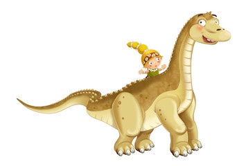 cartoon happy scene with caveman woman on diplodocus on white background - illustration for children