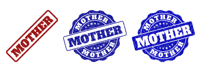 MOTHER grunge stamp seals in red and blue colors. Vector MOTHER watermarks with grunge effect. Graphic elements are rounded rectangles, rosettes, circles and text labels.