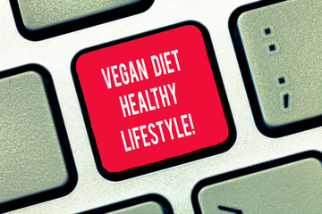 Writing note showing Vegan Diet Healthy Lifestyle. Business photo showcasing Healthy lifestyle eating vegetables and fruits Keyboard Intention to create computer message keypad idea