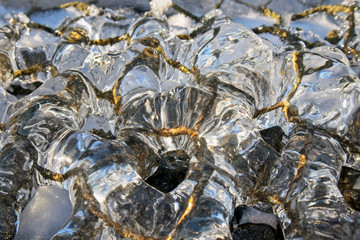 ice covered wire mesh on lakeshore breakwater, Finland