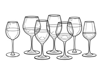 Graphic row of wine glasses isolated on white background