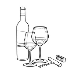 Two watercolor glasses of wine, bottle, cork and corkscrew