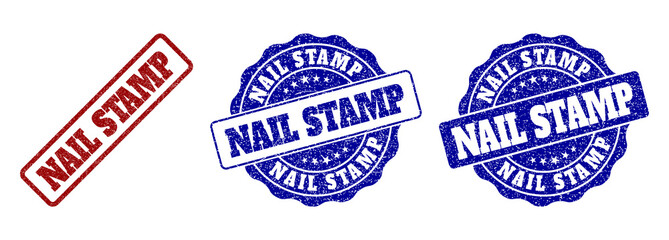 NAIL STAMP grunge stamp seals in red and blue colors. Vector NAIL STAMP watermarks with grunge style. Graphic elements are rounded rectangles, rosettes, circles and text labels.