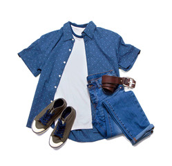 Men's casual clothes and accessories. Shirt, t-shirt, jeans and shoes isolated on white background