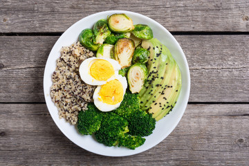 Buddha bowl with quinoa , eggs , avocado , brussels sprouts and broccoli