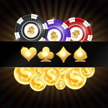 Gold coins and casino chips vector. Golden glowing suit card
