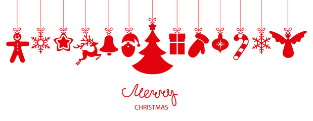 Merry Christmas banner with red festive decorations.