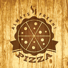 Pizza label on wood texture