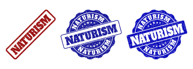 NATURISM grunge stamp seals in red and blue colors. Vector NATURISM overlays with dirty surface. Graphic elements are rounded rectangles, rosettes, circles and text captions.