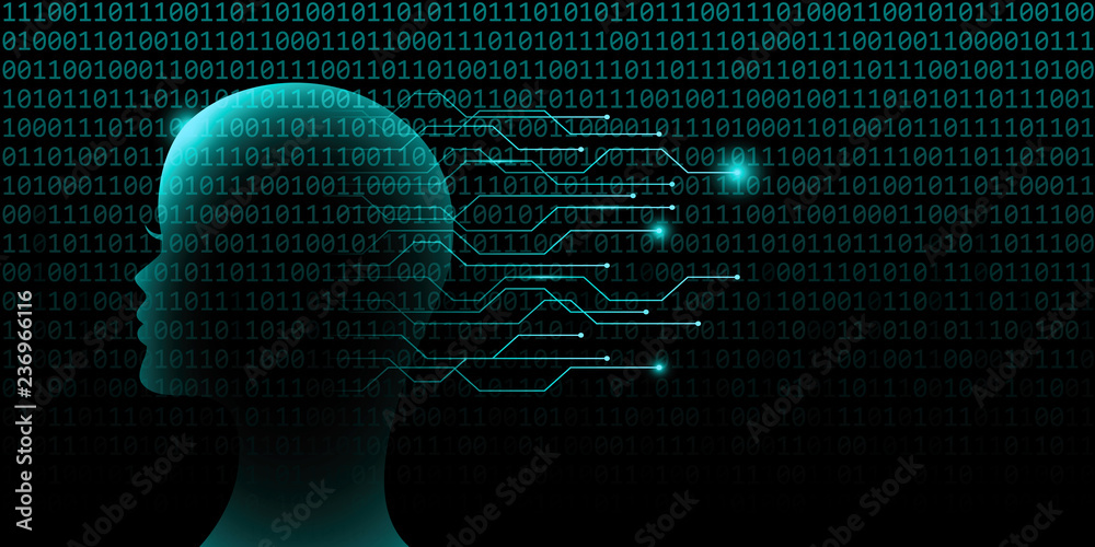 Poster female artificial intelligence technology concept with binary code background vector illustration ep