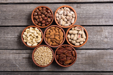 Mix of nuts : Pistachios, almonds , walnuts , pine nut , hazelnuts and cashew . Snack in bowl...
