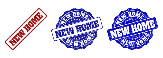 NEW HOME grunge stamp seals in red and blue colors. Vector NEW HOME labels with grunge effect. Graphic elements are rounded rectangles, rosettes, circles and text labels.