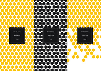 Hexagonal honeycomb pattern with bees for background and sticker with logo. Vector packaging design elements and templates. Honey. Bee.