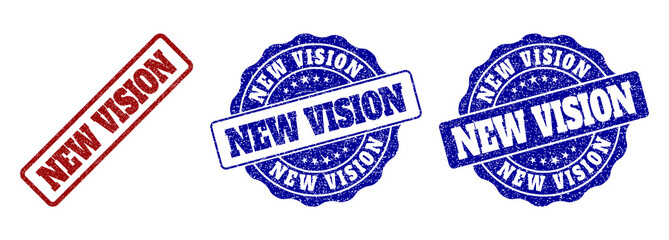 NEW VISION grunge stamp seals in red and blue colors. Vector NEW VISION signs with grunge surface. Graphic elements are rounded rectangles, rosettes, circles and text captions.