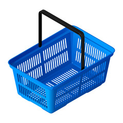 Пластиковая синяя пустая корзина покупателя в изометрической проекции. Изолированная векторная иллюстрация на белом фоне.