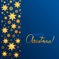 Christmas card with a vertical stripe of snowflakes, beads and Christmas stars. Merry Christmas!  Dark blue gradient background.
