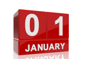 The date of 1 January in white numbers and letters on red, glossy blocks, standing and mirrored isolated in front of a white background.