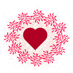 A beautiful icon for social networks and the Internet - the heart icon in a wreath of branches on a dots pattern isolated. Flat vector design