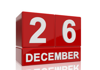 The date of 26 December in white numbers and letters on red, glossy blocks, standing and mirrored isolated in front of a white background.