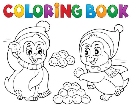 Coloring book penguins playing with snow