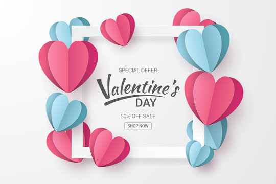 Valentines day sale background with Heart shape and clouds. Paper cut style. Can be used for Wallpaper, flyers, invitation, posters, brochure, banners. Vector illustration.