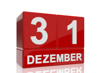 Fototapeta premium The date of 31 Dezember in white numbers and letters on red, glossy blocks, standing and mirrored isolated in front of a white background.